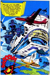 The SHIELD helicarrier in the first SHIELD story in Strange Tales No. 135.