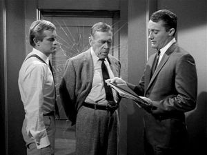 David McCallum, Leo G. Carroll and Robert Vaughn in a re-filmed scene from the pilot for U.N.C.L.E.