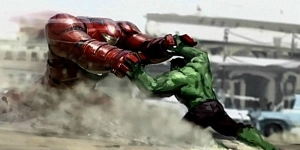 Iron Man's Hulkbuster armor vs. the Hulk, a highlight of Avengers: Age of Ultron